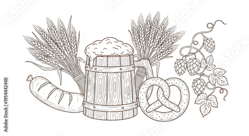 Hand drawn engraving style illustration of wooden beer mug wheat stalks pretzels sausage and hops vine for traditional pub.