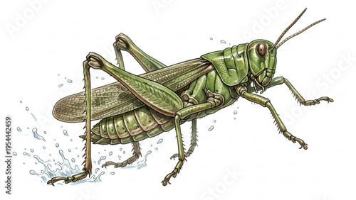 Detailed green grasshopper insect illustration.