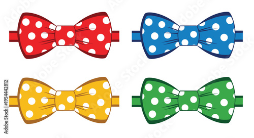 Set of four vibrant polka dot bow ties in red, blue, yellow, and green colors presented on a clean white background for fashion accessories.