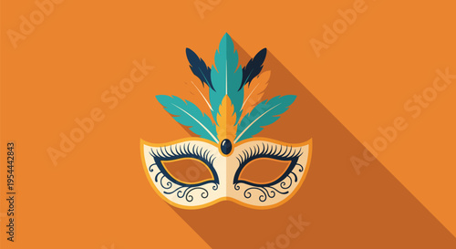 Ornate carnival mask adorned with colorful feathers and intricate swirl patterns sits against a vibrant orange backdrop with a long shadow.