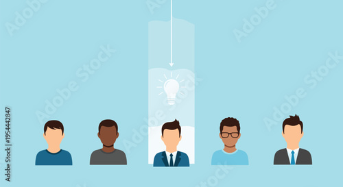 Diverse group of male avatars stands together where one individual is highlighted with a glowing lightbulb representing a new creative idea.
