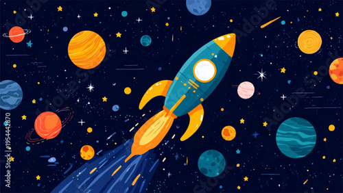 Vector illustration of a rocket ship blasting off into space with planets and stars