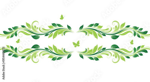 Elegant green leafy scrollwork frames a white space with small butterflies fluttering around the delicate botanical vines for nature design.