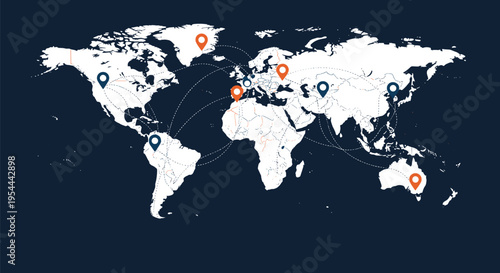 Detailed world map on a dark blue background features various location pins and curved lines showing global connections and travel routes.