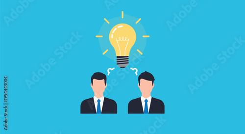 Two professional businessmen in suits share a single glowing lightbulb above them representing a shared idea or collaborative success.