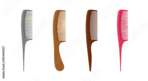 Row of four hair combs presented in grey, light brown, dark brown, and pink colors against a white background for beauty accessories.