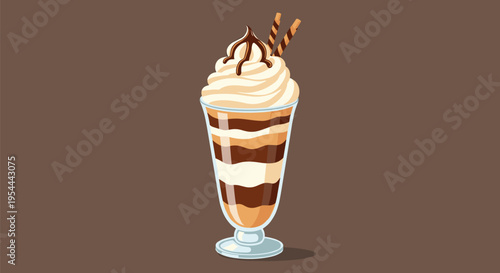 Creamy chocolate and vanilla milkshake topped with a generous swirl of whipped cream and chocolate syrup on a dark brown background.