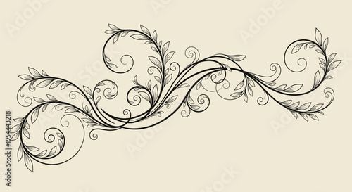 Delicate and long vine scrollwork adorned with small hand drawn leaves stretches across a warm beige background for a refined aesthetic.