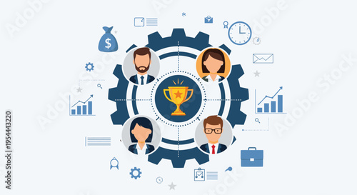 Professional business team members working together within a large gear mechanism to achieve victory and success.