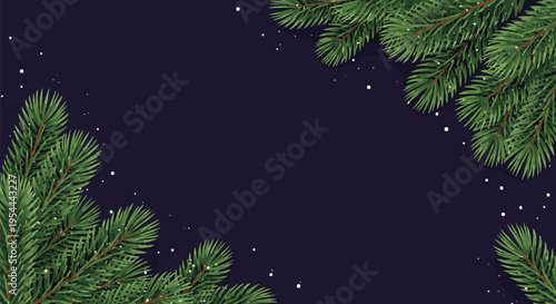 Lush green pine tree branches framing a dark winter sky background with falling snow for holiday season greeting cards.