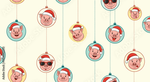 Festive holiday pattern with cute pigs wearing santa hats inside colorful christmas bauble ornaments hanging on strings.