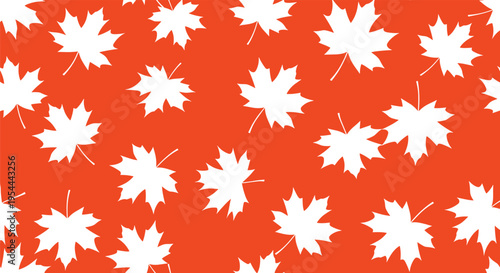 Seamless pattern featuring white maple leaves scattered across a vibrant orange background for autumn season decorations.