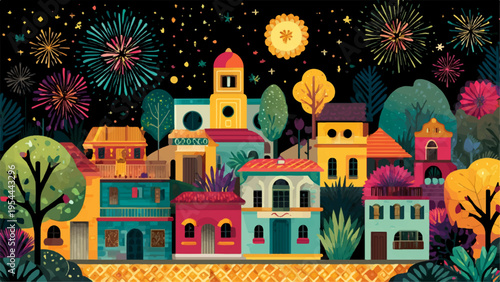 Colorful vector illustration of a festive town at night with fireworks