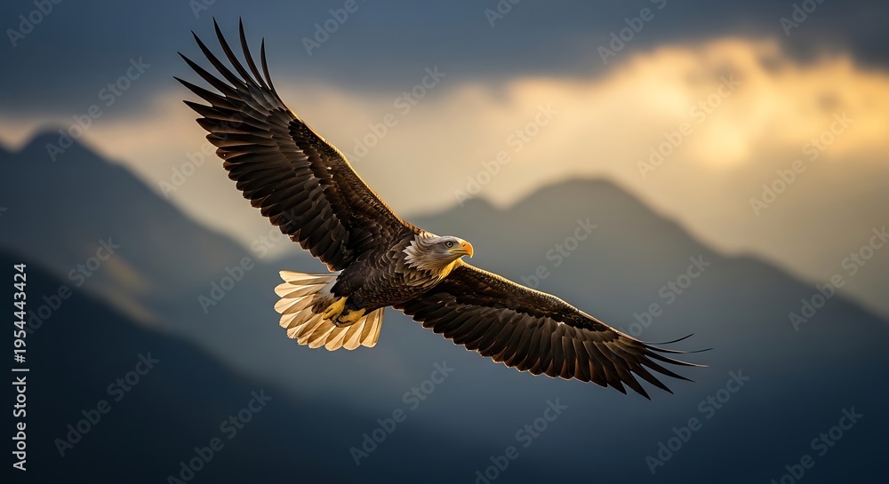 Obraz premium Bald eagle soaring over mountains at sunset