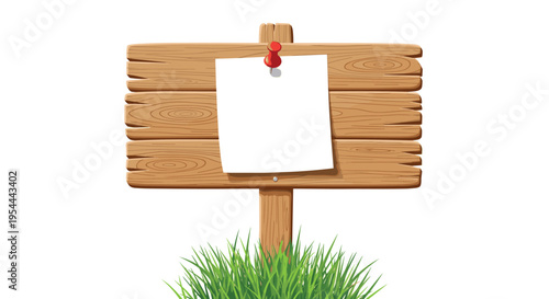 Rustic wooden sign board with a blank white paper note pinned to it situated in a patch of green grass on white.