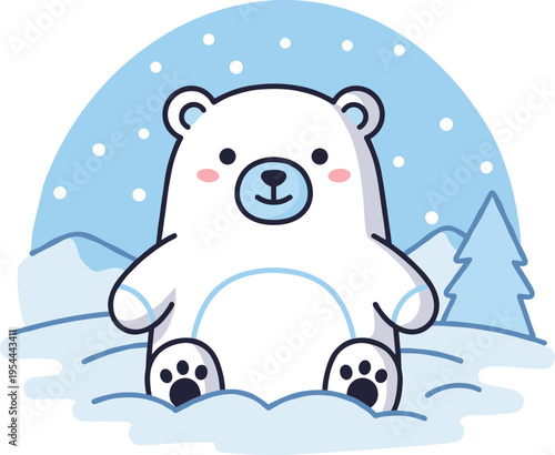 Cute polar bear sitting in the snow, snowy background with mountains and trees, cartoon style illustration on a transparent background for New Year celebrations