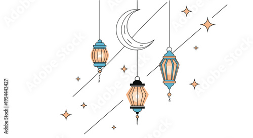 Beautiful illustration of hanging ramadan lanterns with a crescent moon and stars for islamic holiday celebrations.