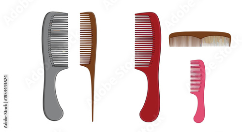 Diverse collection of hair combs in different shapes sizes and colors including grey brown red and pink variants.