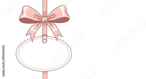 Simple and elegant gift tag with a delicate pink bow situated on a white background for invitations and greetings.
