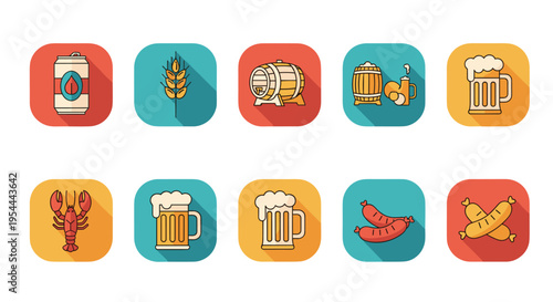 Colorful set of beer and appetizer icons featuring mugs cans barrels wheat lobster and sausages on rounded squares.