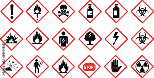 Collection of red diamond hazard warning symbols including flammable toxic biohazard explosive radioactive and chemical safety icons for industrial workplace labeling