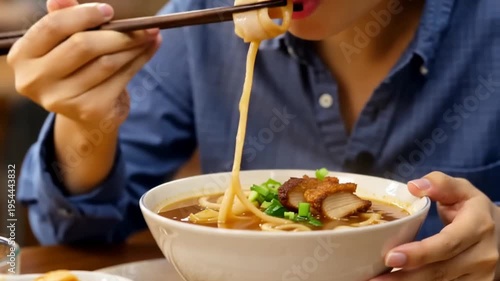 Person eating noodles with chopsticks.