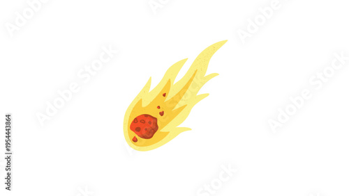Illustration of a falling meteor with yellow flames against a white background