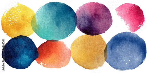Vibrant Watercolor Circles: A collection of eight colorful watercolor circles in a row, each exhibiting a unique hue and texture, evokes a sense of artistic expression and creative exploration.