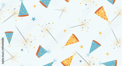 Festive seamless pattern featuring colorful party hats sparklers and bright stars on a light blue background for celebration and birthday events.