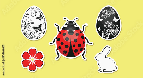 Selection of spring and easter stickers including a red ladybug white bunny rabbit red flower and decorative patterned eggs on yellow.