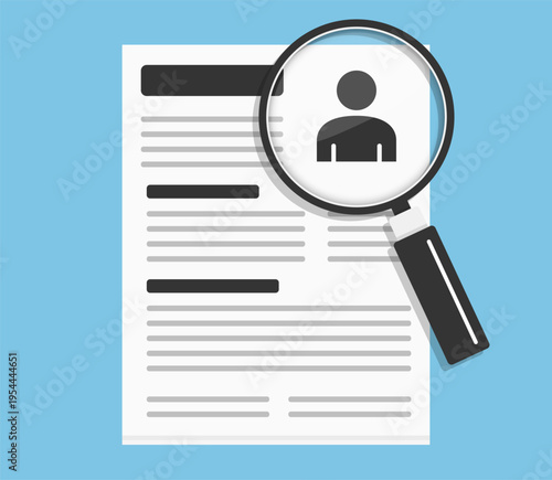 Magnifying glass analyzing resume profile representing candidate search and hiring process, blue background