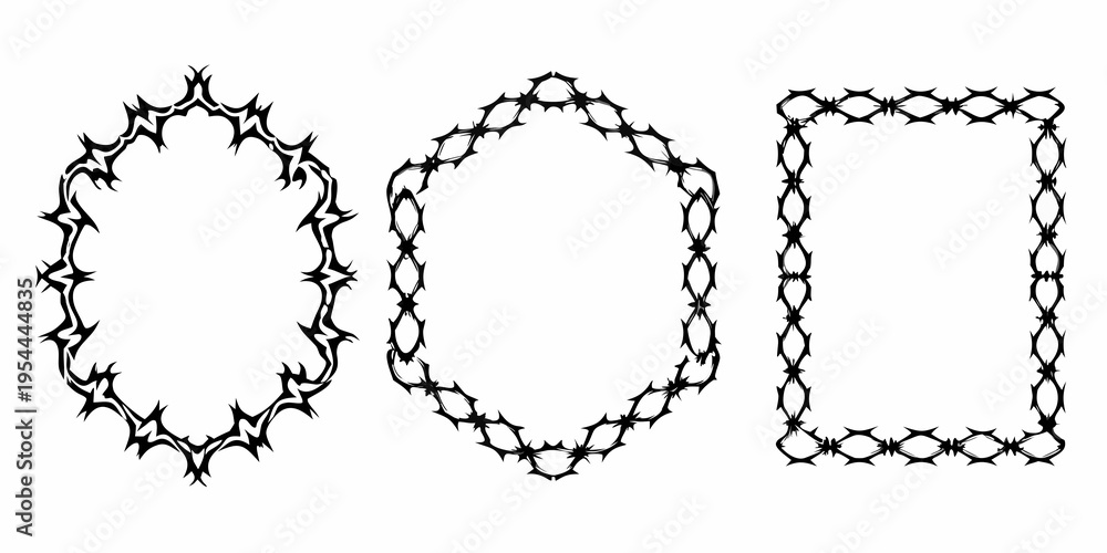 Fototapeta premium Three black frames shaped like ovals and rectangles with barbed wire