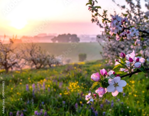 Wallpaper Mural A serene landscape with blossoming trees at sunrise Torontodigital.ca