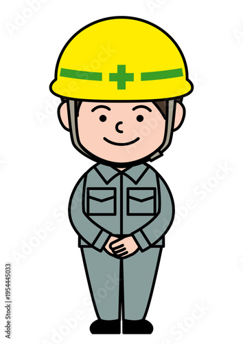 ヘルメットと作業着を身につけて、笑顔で正面向きに立つシンプルな人物ベクターイラスト