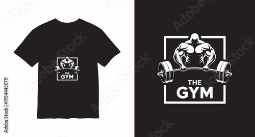 The gym t-shirt design with muscular man lifting weights and frame