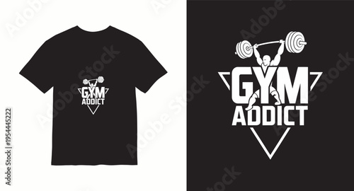 Gym addict t-shirt design featuring weightlifter silhouette and triangle badge