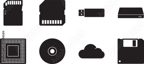 Memory card icon set, storage device symbols, modern flat vector design for digital data transfer
