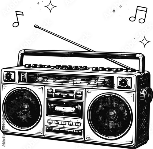 Vintage Boombox Radio Playing Music with Retro Cassette Player Illustration