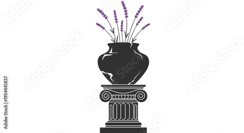 A black silhouette of lavender in a vase atop a pedestal