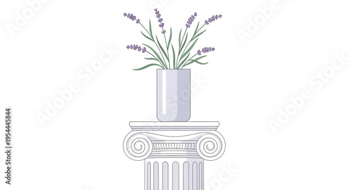 Lavender bouquet in a vase atop a classical column pedestal
