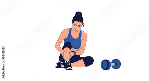Woman experiencing knee pain while exercising with dumbbells nearby