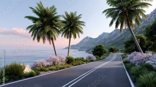 Coastal road winding along tropical ocean landscape
