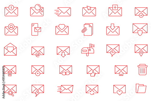 Mail and email outline icon set, envelope message inbox and attachment vector icons isolated on transparent background