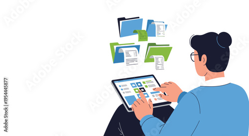 Man using a tablet with floating documents and file folders above