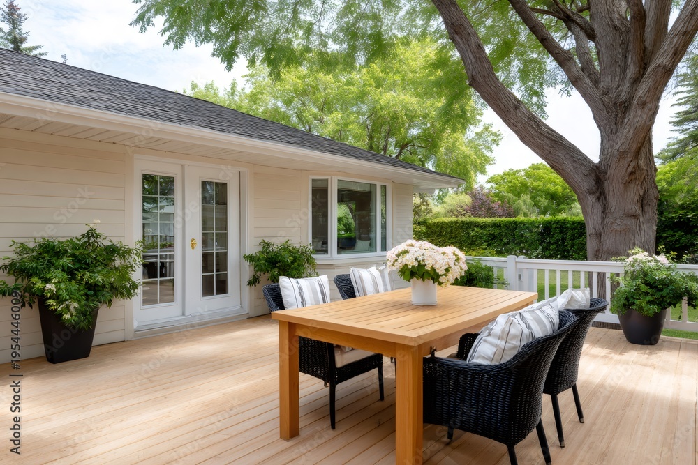 Fototapeta premium Backyard wooden deck with outdoor dining furniture
