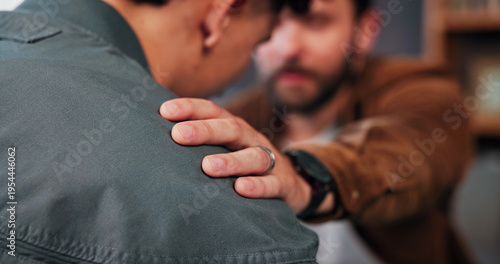 Fotografie Support, therapist and hand on shoulder, men and compassion for loss, empathy and grief