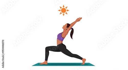 Woman performing a yoga pose with a sun illustration above