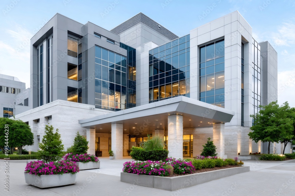 Fototapeta premium Modern corporate office building with glass facade at dusk