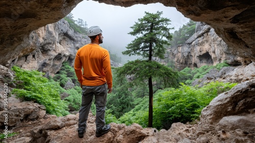 Man exploring a cave entrance looking at forest