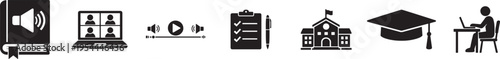 E-learning icon set with online education, digital courses, study tools and virtual class concepts